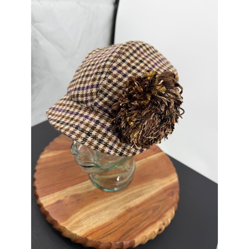 Alternative Houndstooth Newsboy Hat Women Brown Purple Plaid Wool Pom Accent